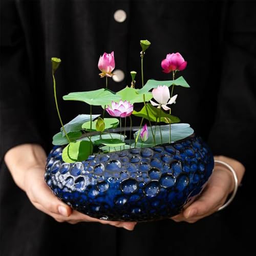 Lotus Bowl Planter, Decorative Ceramic Plant Pots, Thickened Round Planter for Home Desk & Shelf Decor (Blue Planet) - color: Blue Planet