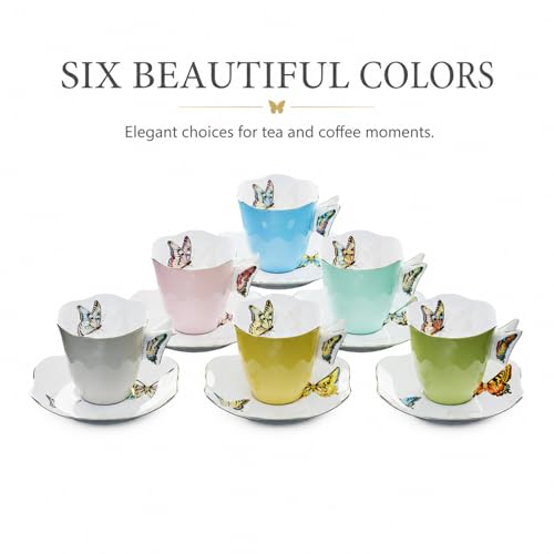 Solidith 8 Oz Espresso Cups With Saucers Set Of 6,Butterfly Ceramic Cups | Microwave and Dishwasher Safe,Perfect For Tea, Espresso, Cappuccino,Latte, Cafe