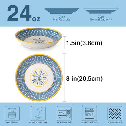 Yeacccng Bohemian Pasta Bowls Set of 8, 8 Inch 24 Oz Ceramic Salad Bowls, Shallow Wide Kitchen Bowls, Lead-Free Cadmium-Free, Dishwasher Microwave Oven Safe, Scratch-Resistant Boho Serving Bowls - size: 8 inch pasta bowl (Colorful*8)