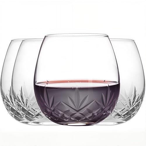 SHOSHIN Hand-Cut Stemless Wine Glasses – Hand Made Lead-Free Crystal Glass (15 Oz, Set of 4) – Ideal Gift - color: Agave set of 4