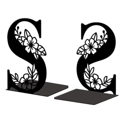 5.3"x4.3"x7.1" Metal Bookends, Heavy Duty Book Ends for Shelves | Letter S with Flower Theme Cast Iron Book Supports, 1 Pair Decor Stoppers for Desk, Library, Office & Home Shelves - style: Letter S with Flower