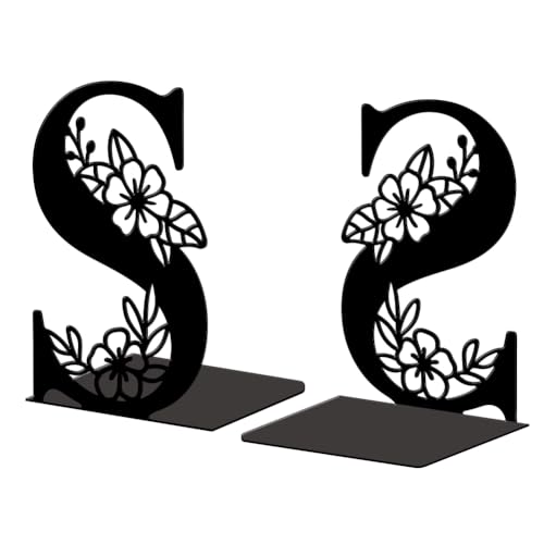 5.3"x4.3"x7.1" Metal Bookends, Heavy Duty Book Ends for Shelves | Letter S with Flower Theme Cast Iron Book Supports, 1 Pair Decor Stoppers for Desk, Library, Office & Home Shelves - style: Letter S with Flower