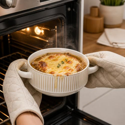 French Onion Soup Bowls with Handles, 26 oz Oven Safe Ceramic Soup Crocks Set of 4, Large Soup Bowls for Chili, Beef Stew, Gumbo, Microwave & Dishwasher Safe