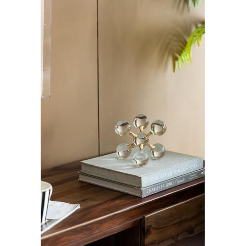 Gold Iron and Crystal Glass Sphere Sculpture - Modern Geometric Decorative Accent for Home, Office, or Living Room (Luxury Tabletop Art Piece) - 7" x 7" x 7"