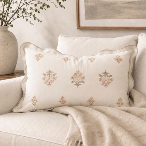 BlissBlush Lumbar Pillow Cover 12x20, Cream White Velvet Decorative Lumbar Pillow Cover, Ivory Floral Accent Cushion Cover with Embroidery and Scalloped Edge for Couch Sofa Bed, Cover ONLY - color: Cream White, size: 20" x 12" (Pack of 1)