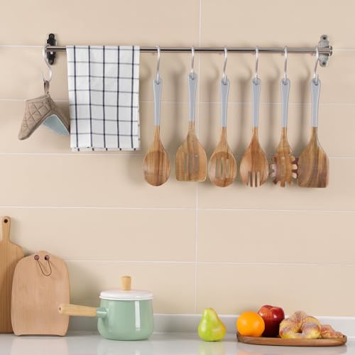 Wooden Spoons For Cooking, 6 Pieces Natural Acacia Wooden Cooking Utensils or Non-Stick Wooden Kitchen Utensil Set for Kitchen Essentials, Wood Cooking Utensils Set with Hanging Hole, Grey - color: Gray