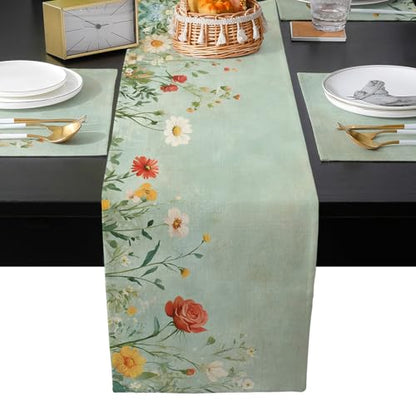 Table Runner and Placemats Set of 6 Red Orange White Flowers Decorative Dining Table Runner with Matching Placemats Green Oil Painting Table Decor for Kitchen Dining Room and Everyday Use 13x90in - size: 13"x90"+6pcs
