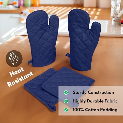 Native Fab 4 Piece Set - 2 Oven Mitts & 2 Potholders, Heat Resistant, 100% Cotton, Quilted Design, Non-Slip Grip, Machine Washable, Ideal for Baking, Cooking, BBQ, Kitchen Protection - Ink Blue - color: Indigo Blue