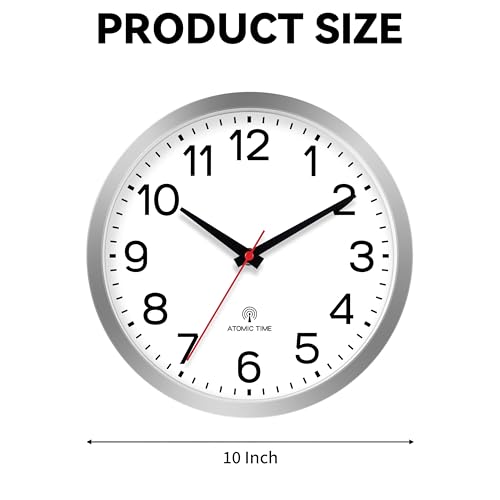AKCISOT 10 Inch Wall Clock, Silent Battery Operated Analog Clock, Silver | Atomic | Classroom | Kitchen | Office | Easy to Read Numbers | Garage - color: Atomic_silver White, size: 10 Inch