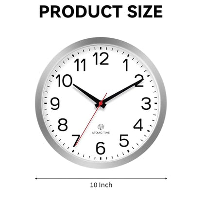 AKCISOT 10 Inch Wall Clock, Silent Battery Operated Analog Clock, Silver | Atomic | Classroom | Kitchen | Office | Easy to Read Numbers | Garage - color: Atomic_silver White, size: 10 Inch