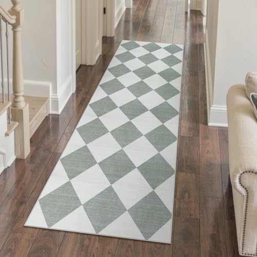 Beeiva Checkered Print Bathroom Runner Rug 2x6, Washable Non Slip Runner Rug for Hallway Ultra Thin Soft 2x6 Capet for Bedroom Decor, Modern Diamond Alfombra for Kitchen Laundry Entryway (Green/White) - color: Green/White, size: 2' x 6' (Rectangular)