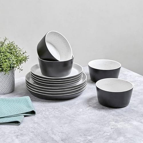 Sango 12-Piece Stoneware Dinnerware Set for 4, Modern White & Black Plates and Bowls Sets with Speckled Glaze, Durable Kitchen Ceramic Dish Set, Microwave & Dishwasher Safe Everyday Dishes, Stockholm - color: Black/White, size: 12-Piece Set