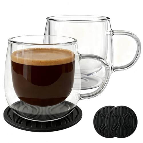 Glass Coffee Mugs Set Of 2, 10oz Double Walled Insulated Glass Mugs with Handle and Coaster, Heat Resistant Borosilicate Clear Glass Cups for Espresso Latte Cappuccino, Tea Bag, Beverage - size: 2 Pack+2 Coasters