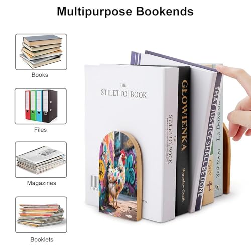 Personalized Wood Book Ends Metal Base Graffiti Chicken Street Art Printing Bookend Modern Heavy Duty Bookends for Home Or Office 1 Pair - color: Graffiti Chicken Street Art