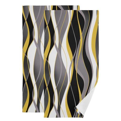 Yellow and Black Striped Abstract Hand Towels for Bathroom Set of 2,Absorbent White Grey Modern Minimalist Kitchen Towels 14"x28",Decorative Bathroom Towels for Bath,Face,Guest,Hair,Shower - color: Yellow