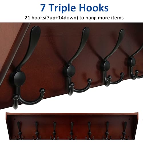 WEBI Coat Rack Wall Mount with Shelf,35" Long Wall Shelf with Hooks Underneath,7 Triple Hooks for Entryway,Hallway,Bedroom,Cherry - color: Cherry, size: 35 Inch