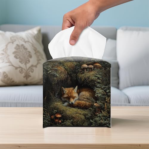Sleeping Fox Tissue Box Cover, 5.2 Inch PU Leather Square Holder | PU leather tissue box cover with sleeping fox woodland design, hand-stitched detail, and removable liner for home or office. - color: Sleeping Fox