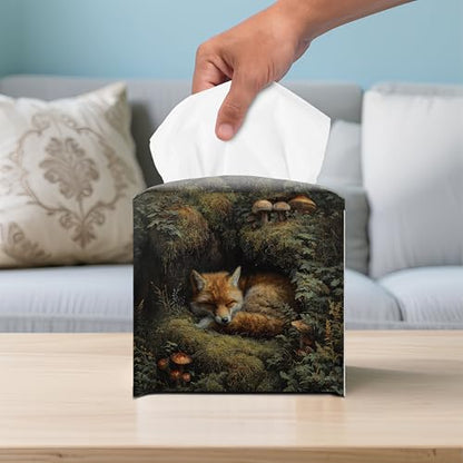 Sleeping Fox Tissue Box Cover, 5.2 Inch PU Leather Square Holder | PU leather tissue box cover with sleeping fox woodland design, hand-stitched detail, and removable liner for home or office. - color: Sleeping Fox
