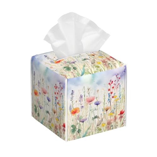 Watercolor Flower Tissue Box Cover Square,Colorful Flowers Tissue Box Holder Waterproof Leather Facial Paper Organizer Dispenser for Bathroom Home Car Nightstand Vanity Desk - color: Color-19