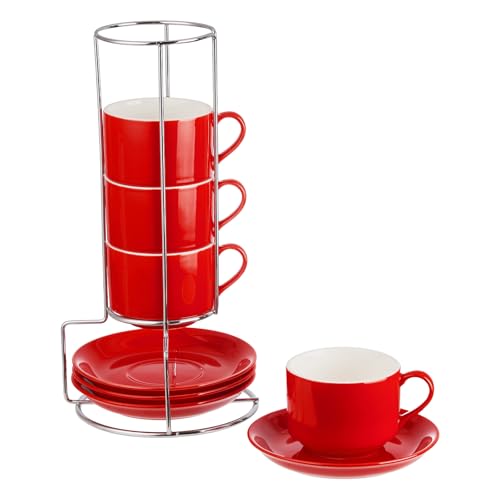 8oz Porcelain Cappuccino Cups with Saucers and Metal Stand, Stackable Coffee Cups for Specialty Coffee Drinks, Cappuccino, Latte, Espresso, Americano and Tea - Cups Set of 4, Red - color: Red, size: 8oz
