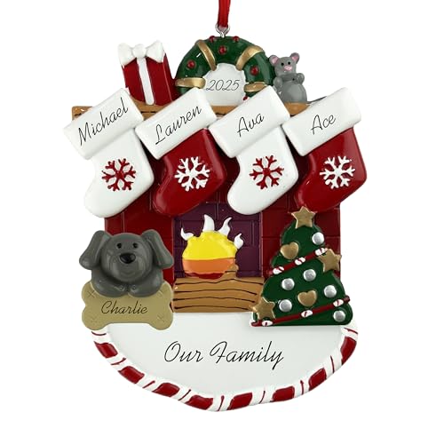 Customized and Personalized Christmas Ornament - Family of 2-6 with One Pet - Add 1 of The 26 Different Dogs and Cats to Design Your Own Custom Pet Design -Made to Order (Family of 4 with 1 Pet) - size: Family of 4 with 1 Pet