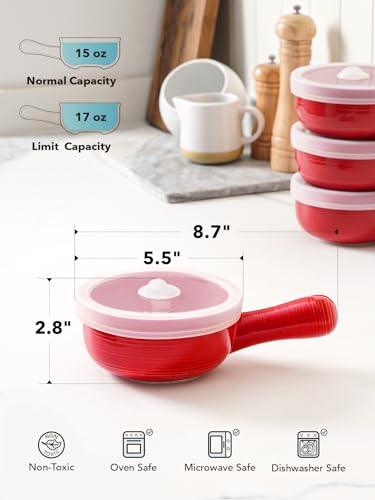 LE TAUCI Soup Bowls with Silicone Lids and Handles, 15 Oz French Onion Soup Bowls, Non-Toxic Ceramic Soup Crocks for Noodles, Stew, Cereal and Chilli, Oven Microwave Dishwasher Safe, Set of 4, Red - color: Red
