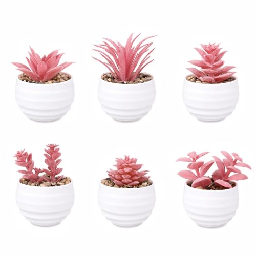 GREENTIME 6Pcs Pink Artificial Succulents in Plastic Pots Fake Plants | Zero Maintenance Small Faux Succulents Room Decor Aesthetic for Indoor Bathroom Office Desk Bedroom Shelf Living Room Kitchen - color: Pink-white Ribbed Pot