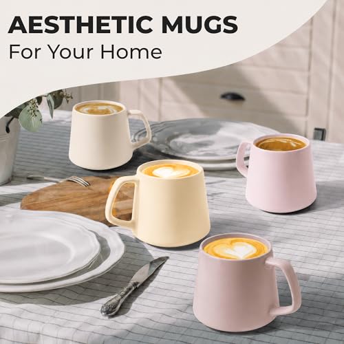 MIAMIO - Coffee Mugs Set of 4, Ceramic, Large (14oz) - Luxe (Cream Rose) | Large Ceramic Coffee Mugs for Cappuccino, Tea and Coffee, 4-piece set, Coffee Mugs with saucers - dishwasher safe - color: Cream Rose