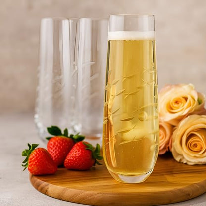 SHOSHIN Stemless Champagne Glasses Set of 4 – 9.5oz Lead-Free Crystal Flutes with Elegant Fish Pattern, Perfect for Parties and Weddings, Dishwasher Safe - color: Fish set of 4
