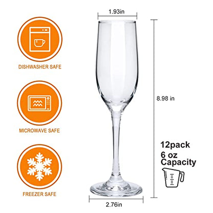 6 oz Champagne Flutes Glass, Wine Flutes Set of 12, for Champagne, Wine, High-End Banquets, Parties, Bars, Weddings, Gifts (12pcs) | Sparkling Wine Glass,Crystal Clear Glasses for Champagne,Wine,High-End Banquets,Parties,Bars,Weddings,Gifts