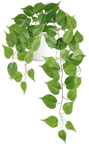 Mkono Fake Hanging Plants with Ceramic Pot, 25" Artificial Plants Indoor | Faux Pothos, Realistic Greenery Look, Modern White Planter, Home Decor, Shelf Bathroom Living Room Desk Table Decoration - color: Green