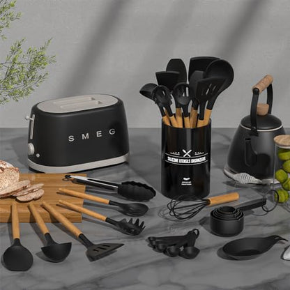 Umite Chef Kitchen Cooking Utensils Set, 33 pcs Non-Stick Silicone Cooking Kitchen Spatula Set with Holder, Wooden Handle Silicone Kitchen Gadgets Utensil Set (Black) - color: Black
