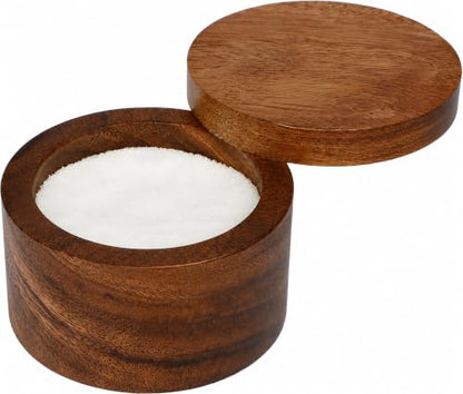 Acacia Wood Salt cellar bowl Box with Swivel Lid – Wooden Salt box for Kitchen Countertop, Salt Keeper for Cooking, Spices & Seasonings