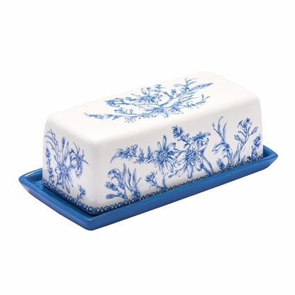 Bico Blue Garden Toile De Jouy Ceramic Butter Dish with Lid, Wide Butter Keeper for Counter, Kitchen Countertop, Microwave and Dishwasher Safe - color: Blue Garden Toile De Jouy
