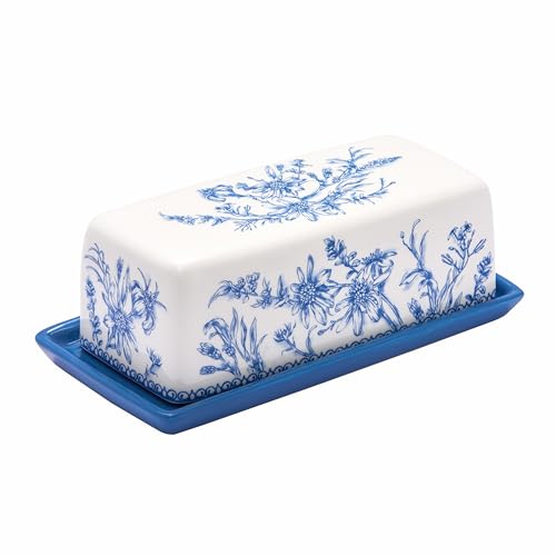 Bico Blue Garden Toile De Jouy Ceramic Butter Dish with Lid, Wide Butter Keeper for Counter, Kitchen Countertop, Microwave and Dishwasher Safe - color: Blue Garden Toile De Jouy