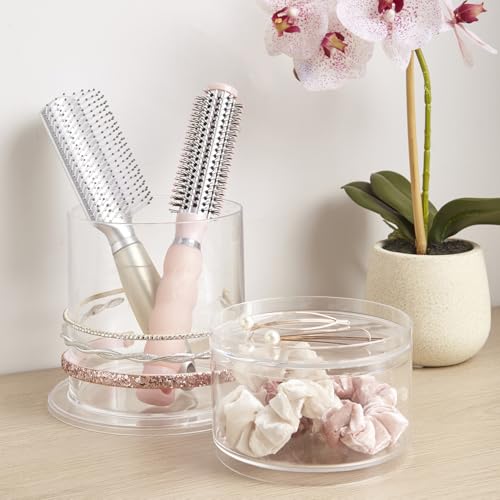 STORi Bella Stackable Clear Plastic Hair Accessory Organizer Set | Round Headband and Hairbrush Holder Stacks on The Storage Containers with Tray Lid | Made in USA - style: Headband Holder w/ Compartment
