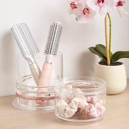 STORi Bella Stackable Clear Plastic Hair Accessory Organizer Set | Round Headband and Hairbrush Holder Stacks on The Storage Containers with Tray Lid | Made in USA - style: Headband Holder w/ Compartment