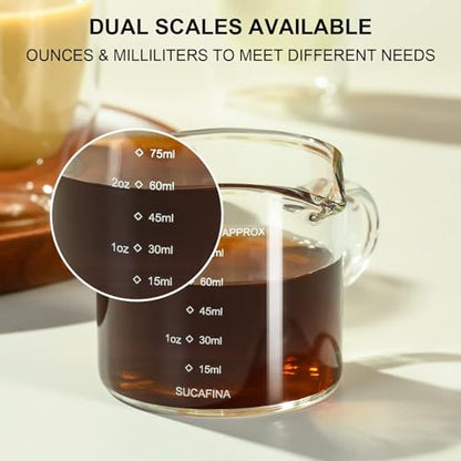 PARACITY Espresso Cup with Handle set of 2, Double Spout Glass Measuring Cup with Dual Scale, Espresso Shot Glass with V-Shaped Mouth, Clear Glass Milk Frothing Pitcher, Espresso Accessories | Dual ounce and milliliter scales, V-shaped mouths and glass ha