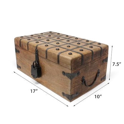 Treasure Chest Wooden Box with Antique Iron Lock and Skeleton Key (X-Large 17x10x7.5) - Storage and Decor – Pirate Wooden Treasure Chest, Decorative Box with Hinged Lid, - size: X-Large 17 x 10 x 7.5"