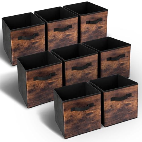 EWES 11 Inch Fabric Storage Cubes, 8 Pack Foldable Storage Bins with Handle, Storage Baskets Box for Shelves, Closet, Organizer, Rustic Brown and Black - color: 8 Pack Brown, size: 11 Inch