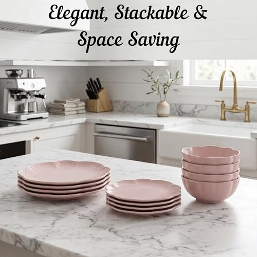 Sango 12 Pieces Scalloped Dinnerware Set, Modern Pink Dishes for 4, Premium Serving Plates & Bowls Sets, Chip Resistant, Blush Ceramic Dishware, Kitchen Dish, Microwave & Dishwasher Safe, Bethany - color: Pink, size: 12-Piece Set
