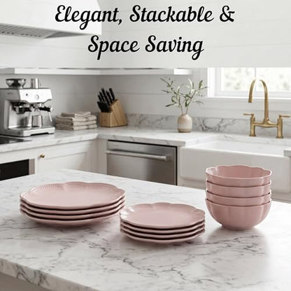 Sango 12 Pieces Scalloped Dinnerware Set, Modern Pink Dishes for 4, Premium Serving Plates & Bowls Sets, Chip Resistant, Blush Ceramic Dishware, Kitchen Dish, Microwave & Dishwasher Safe, Bethany - color: Pink, size: 12-Piece Set