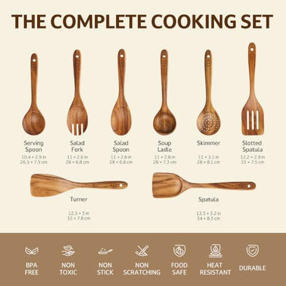 SOOMGYEOL SEOM 8-Piece Teak Wood Cooking Utensil Set | Natural Teak Wood, Uncoated, 8 Essential Cooking Utensils, Nonstick Safe - size: 8 PCS Set