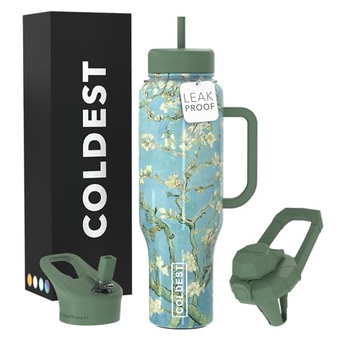Coldest Tumbler with Handle and Straw, 100% Spill Proof Tumbler with Straw (3 Lids), Stainless Steel Insulated Leakproof Tumblers for Women Men, Cup Holder Friendly, 46 oz (Almond Blossom) - color: Almond Blossom, size: 46 oz