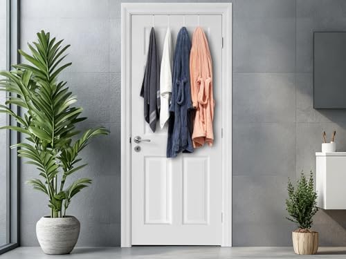 Single Over Door Steel Hooks 8 Pack Fit 1-3/8" Door 5.5" White | Plastic Coated Rubber Feel Towel Rack Robe Coat Shoe Wreath Hanger No Damage No Scratch for Bathroom Heavy Duty Thin Top