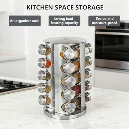 20-Jar Revolving Spice Rack, Stainless Steel Seasoning Organizer for Cabinet or Countertop, with Black Caps