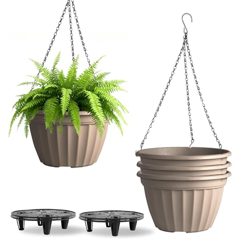 FGstyle Hanging Planters 10 Inch 4 Pack,Hanging Baskets for Plants Outdoor | Self Watering Plastic Hanging Flower Pots with Soil Elevator and 20" Chain for Home Garden Porch Balcony Patio Decor(Beige) - color: Beige, size: 10 inch-4 pack