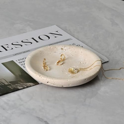 ZSHAWN Natural Beige Travertine Ring Dish Jewelry Tray – 5.5" Trinket Dish for Rings Earrings Necklace, Scratch-Resistant Vanity Organizer, Elegant Gift for Women - color: Beige Travertine