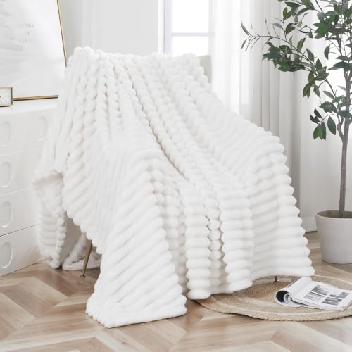 Taliska White Fleece Twin Blanket 60"x80" - Soft Cozy Fluffy Striped Blanket for Couch Sofa Bed, Lightweight Warm Twin Blankets for All-Season Home Decor - color: White, size: Throw(60"x80")