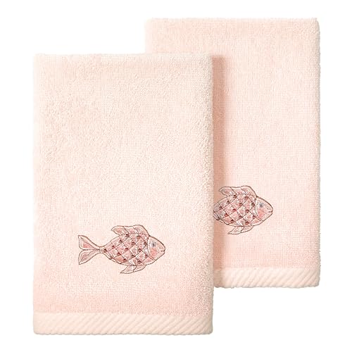 Treasure 2-Piece Fingertip Towel Set, Unique Fish Embroidery, 100% Turkish Cotton, Soft & Luxurious, Charming Touch, 2 Fingertip Towels, Blush - color: Blush, size: 2 Pcs Fingertip Towel